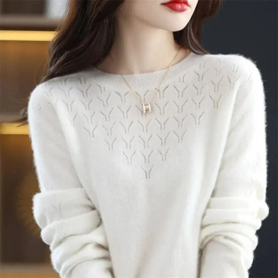 2023. gada jauns tīras vilnas velmētas malas, apaļš kakla izgriezums, brīvs sieviešu džemperis ar adītu apakšu, mīksti, garām piedurknēm