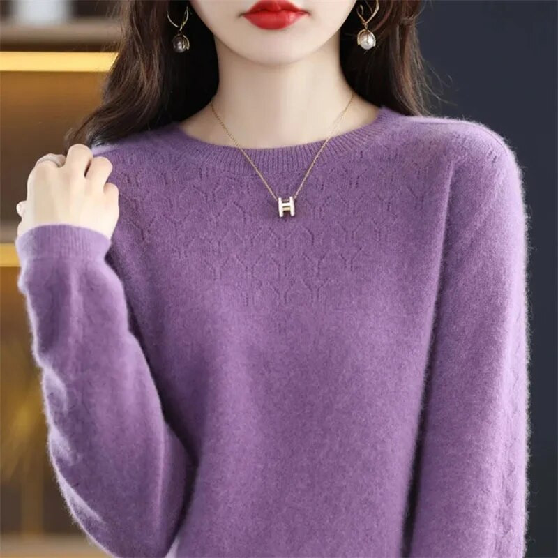2023. gada jauns tīras vilnas velmētas malas, apaļš kakla izgriezums, brīvs sieviešu džemperis ar adītu apakšu, mīksti, garām piedurknēm