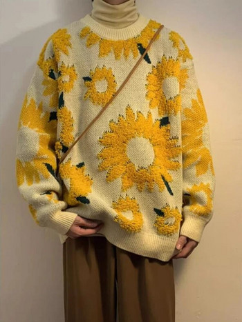 Flocking Floral Πουλόβερ Ανδρικά Φαρδιά Ανοιξιάτικα Φθινοπωρινά Ιαπωνικό στυλ ρετρό High Street Harajuku Knitwear Slouchy Ins