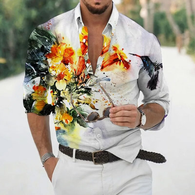 Nyári Hawaii Madár Virágos ingekkel Férfi 3D Nyomtatás Hosszú ujjú Állati ing Beach Holiday Plus Size Tops Pólók Homme