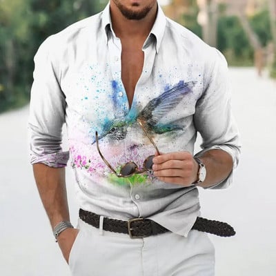 Nyári Hawaii Madár Virágos ingekkel Férfi 3D Nyomtatás Hosszú ujjú Állati ing Beach Holiday Plus Size Tops Pólók Homme
