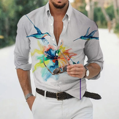 Nyári Hawaii Madár Virágos ingekkel Férfi 3D Nyomtatás Hosszú ujjú Állati ing Beach Holiday Plus Size Tops Pólók Homme
