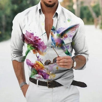 Nyári Hawaii Madár Virágos ingekkel Férfi 3D Nyomtatás Hosszú ujjú Állati ing Beach Holiday Plus Size Tops Pólók Homme