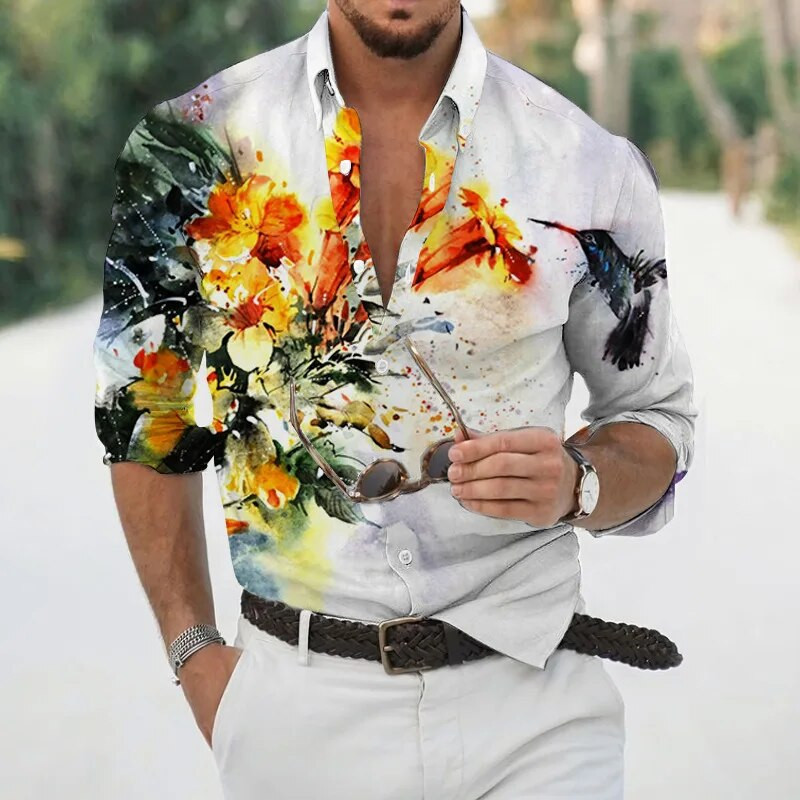Nyári Hawaii Madár Virágos ingekkel Férfi 3D Nyomtatás Hosszú ujjú Állati ing Beach Holiday Plus Size Tops Pólók Homme