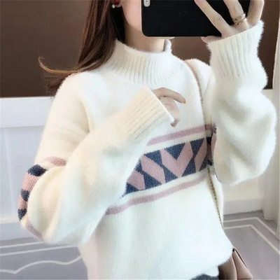 2023. gada jauns rudens ziemas sieviešu džemperis ar apkakli Puloveri Džemperi ar garām piedurknēm Džemperi Biezs, silts sieviešu trikotāžas tops