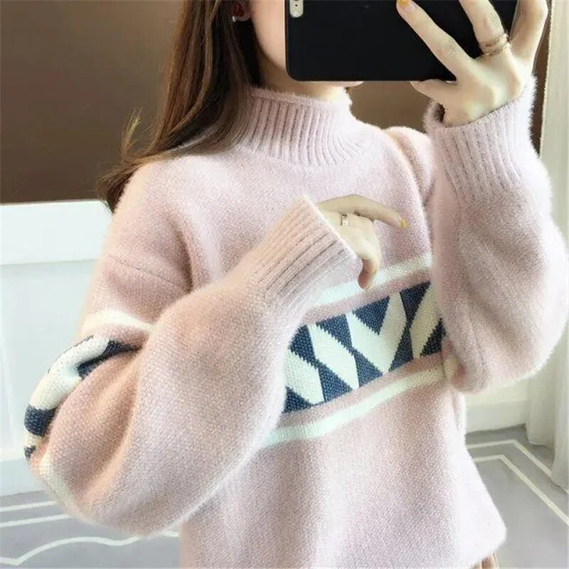 2023. gada jauns rudens ziemas sieviešu džemperis ar apkakli Puloveri Džemperi ar garām piedurknēm Džemperi Biezs, silts sieviešu trikotāžas tops