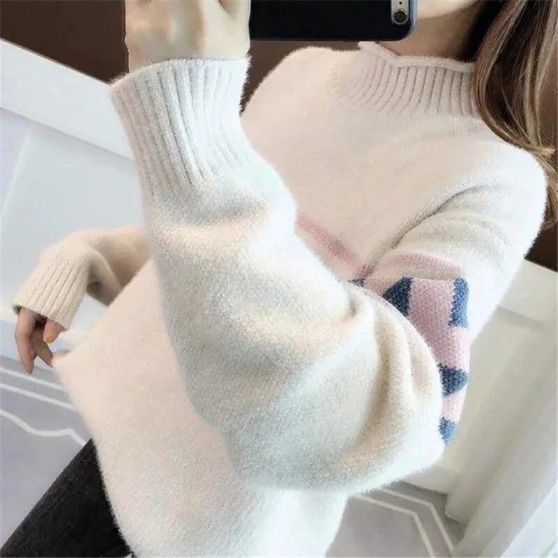 2023. gada jauns rudens ziemas sieviešu džemperis ar apkakli Puloveri Džemperi ar garām piedurknēm Džemperi Biezs, silts sieviešu trikotāžas tops