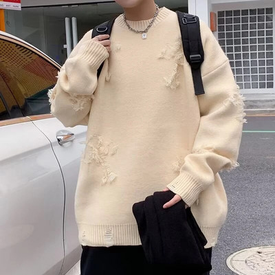 Masīvs, garām piedurknēm caurums, trikotāžas džemperis vīriešiem, pušķi O veida kakla ar kapuci ielas apģērbs Vīriešu rudens ziemas mode 2023. Jauns vīriešu apģērbs