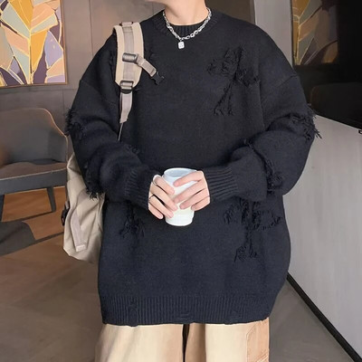 Masīvs, garām piedurknēm caurums, trikotāžas džemperis vīriešiem, pušķi O veida kakla ar kapuci ielas apģērbs Vīriešu rudens ziemas mode 2023. Jauns vīriešu apģērbs