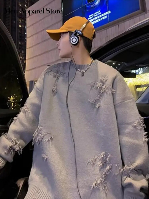 Masīvs, garām piedurknēm caurums, trikotāžas džemperis vīriešiem, pušķi O veida kakla ar kapuci ielas apģērbs Vīriešu rudens ziemas mode 2023. Jauns vīriešu apģērbs