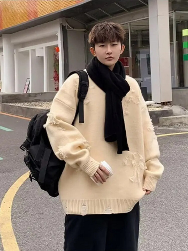 Masīvs, garām piedurknēm caurums, trikotāžas džemperis vīriešiem, pušķi O veida kakla ar kapuci ielas apģērbs Vīriešu rudens ziemas mode 2023. Jauns vīriešu apģērbs