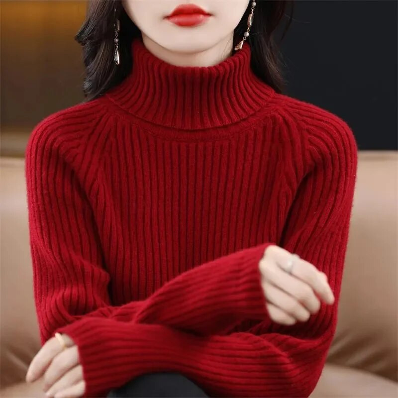 Πλεκτό πουλόβερ Γυναικεία κορεατική έκδοση Πουλόβερ με ζιβάγκο Χειμερινό μονόχρωμο πουλόβερ Ζεστό μακρυμάνικο πουλόβερ με πάτο πλεκτό σε