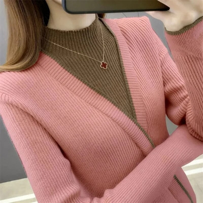 Φθινόπωρο 2023 Basic πουλόβερ με κάτω γυναικείο κορυφαίο πουλόβερ με μαλακό λαιμό με ραβδώσεις ελαστικό πουλόβερ Ζεστό μονόχρωμο λεπτό πουλόβερ