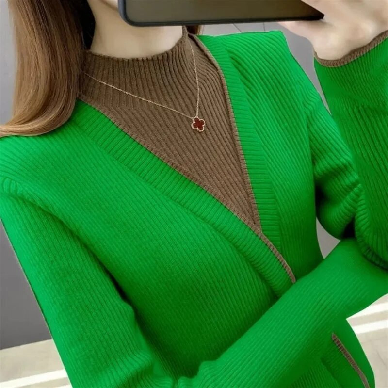 Φθινόπωρο 2023 Basic πουλόβερ με κάτω γυναικείο κορυφαίο πουλόβερ με μαλακό λαιμό με ραβδώσεις ελαστικό πουλόβερ Ζεστό μονόχρωμο λεπτό πουλόβερ