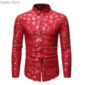 Ziemassvētku vecīša vīriešu svētku krekls Ziemassvētku apdruka Darbs Apkakle Rudens Mode Poga uz augšu Smieklīgi topi Garās piedurknes Ziemassvētki Sarkans Zaļš