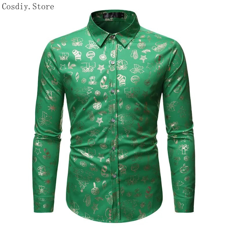 Ziemassvētku vecīša vīriešu svētku krekls Ziemassvētku apdruka Darbs Apkakle Rudens Mode Poga uz augšu Smieklīgi topi Garās piedurknes Ziemassvētki Sarkans Zaļš