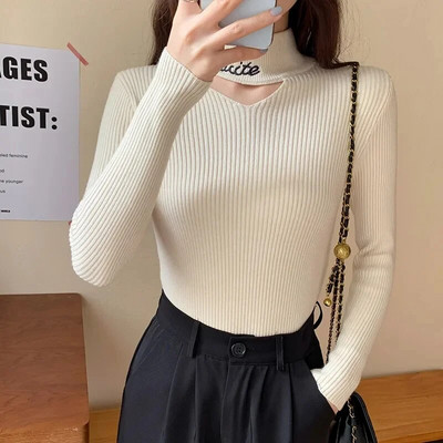 2023 Jesen Zima Seksi tanak pulover Ženska pletena odjeća s vezom na pola dolčevite crne korejske dugih rukava Pullove s halterima