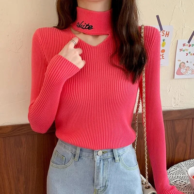 2023 Jesen Zima Seksi tanak pulover Ženska pletena odjeća s vezom na pola dolčevite crne korejske dugih rukava Pullove s halterima