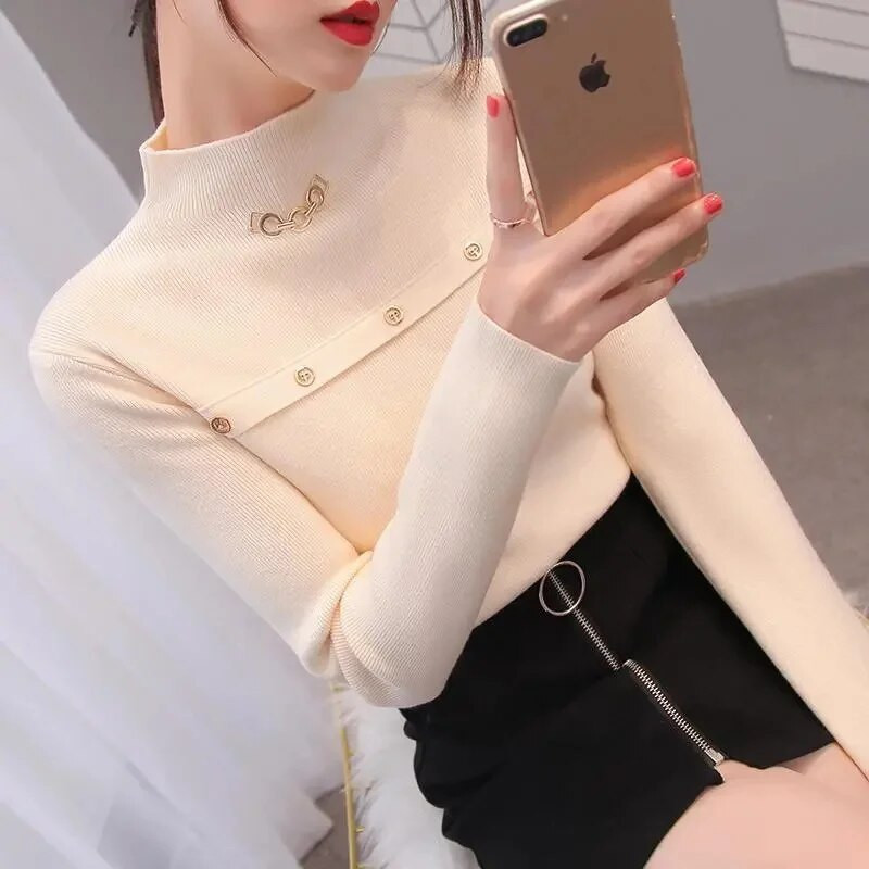 Sieviešu trikotāžas džemperis, 2023. gada jauns krekls ar garām piedurknēm, džemperi ar pusi kakla apkakli, rudens ziemas mīkstas blūzes džemperi