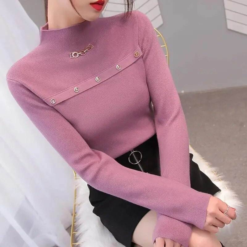 Sieviešu trikotāžas džemperis, 2023. gada jauns krekls ar garām piedurknēm, džemperi ar pusi kakla apkakli, rudens ziemas mīkstas blūzes džemperi