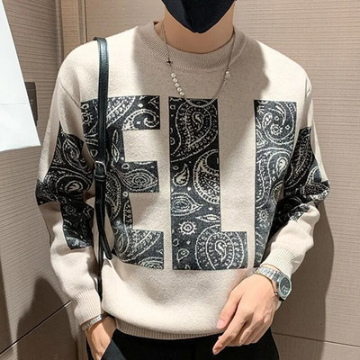 Moodne O-kaelusega kootud splaissitud Täielikult sobiv trükitud kampsun, meesterõivad 2023. aasta sügis, uued vabaaja pulloverid, pikkade varrukatega Korea topid