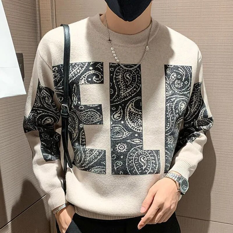 Moodne O-kaelusega kootud splaissitud Täielikult sobiv trükitud kampsun, meesterõivad 2023. aasta sügis, uued vabaaja pulloverid, pikkade varrukatega Korea topid