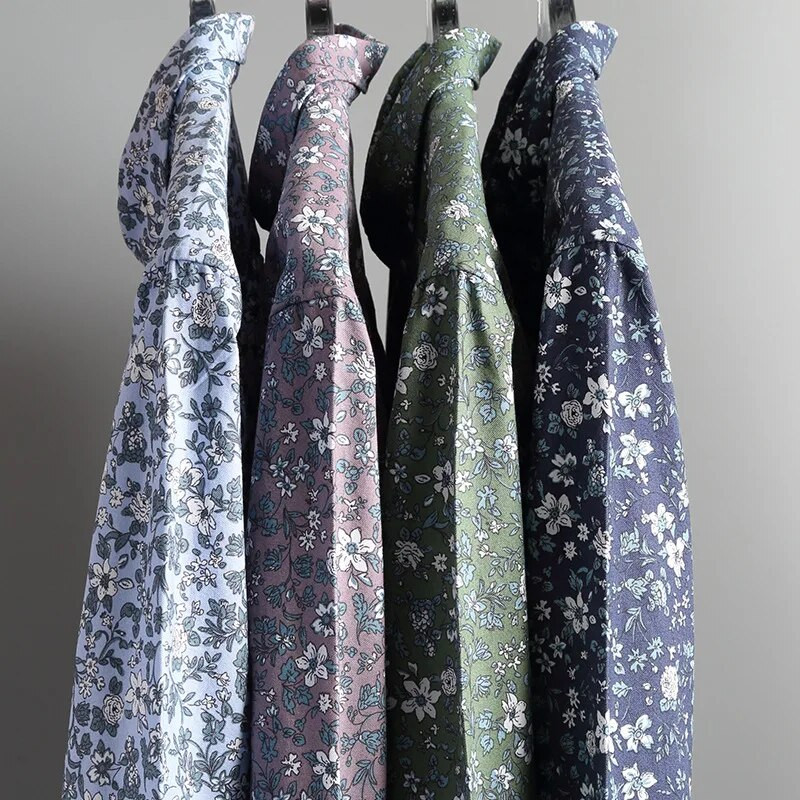 Vīriešu garās piedurknes ar ziedu apdruku kokvilnas krekli ar retro stila apdruku Slim Fit pavasara vasaras brīvdienu ikdienas krekls