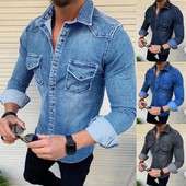 Tavaszi őszi férfi farmer ing rövid ujjú farmer ingek férfiaknak puha pamut két zsebes karcsú elasztikus farmer ingek chemise homme