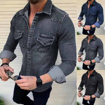 Пролет Есен Мъжка дънкова риза Дънкови ризи с къс ръкав за мъже Мек памук с два джоба Тънки еластични дънкови ризи chemise homme
