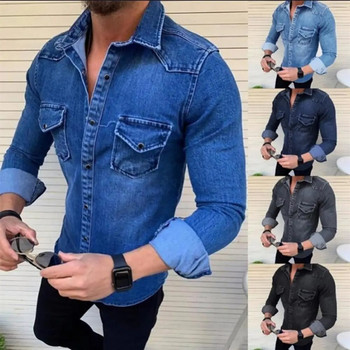 Ανοιξιάτικο φθινόπωρο Ανδρικό τζιν πουκάμισο κοντομάνικο τζιν πουκάμισο για άνδρες από μαλακό βαμβάκι με δύο τσέπες Λεπτό ελαστικό τζιν πουκάμισο chemise homme