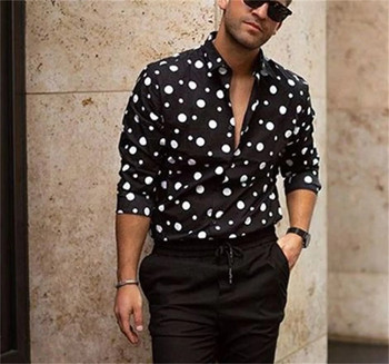Мъжки ризи Черна риза с принт на точки с дълъг ръкав Мъжки ежедневни ежедневни горнища Улично облекло Ретро дрехи Harajuku Красива блуза