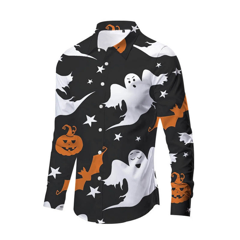 Ανδρικό μακρυμάνικο πουκάμισο Halloween 3d Digital Ghost Funny Print Μπλούζες μπλούζας με φορέματα δρόμου για φθινοπωρινά ρούχα παραλίας Chemise