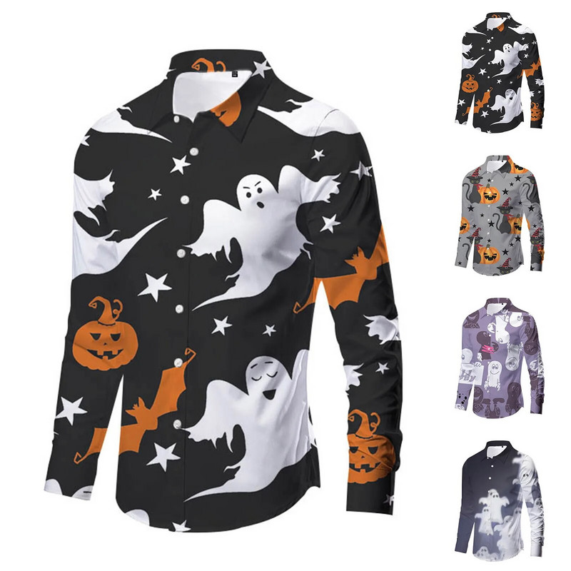Ανδρικό μακρυμάνικο πουκάμισο Halloween 3d Digital Ghost Funny Print Μπλούζες μπλούζας με φορέματα δρόμου για φθινοπωρινά ρούχα παραλίας Chemise