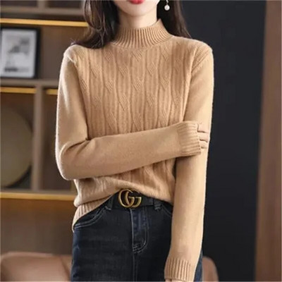 2024. gada rudens ziemas biezais sieviešu džemperis, trikotāžas džemperis ar rievotu džemperi ar garām piedurknēm, šaurs džemperis, mīksts, silts sieviešu džemperis