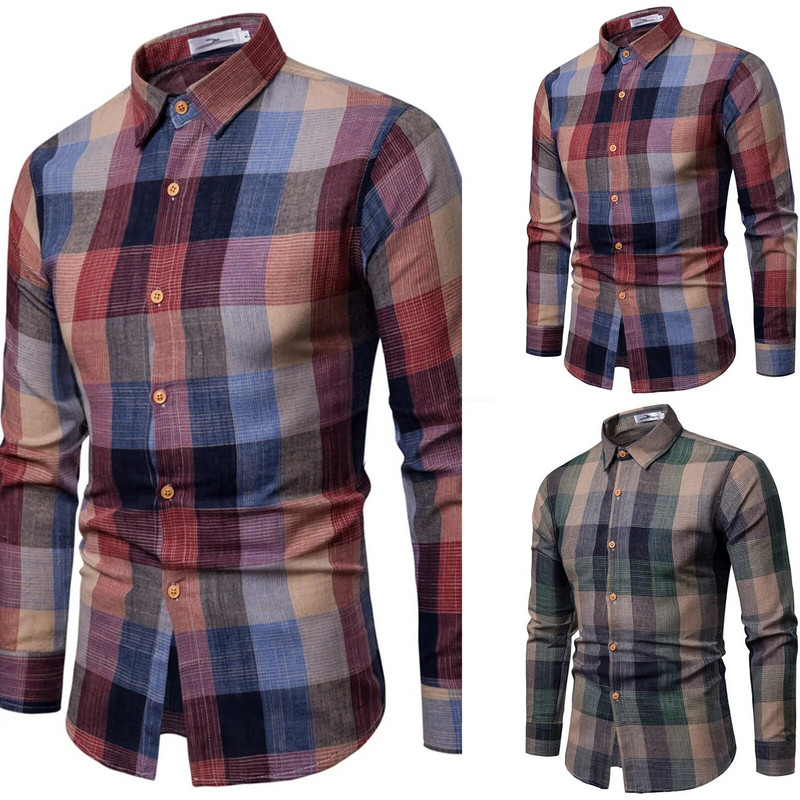 Plaidu krekli vīriešiem Slaidi Modes Biznesa Atpūtas Plaidi Apdruka Krekls ar garām piedurknēm Topi Retro ģeometriskas rūtainas blūzes 2023. g.