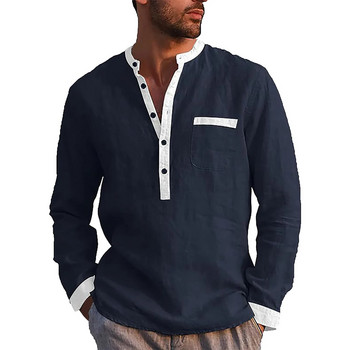 Риза Henley с половин копче за мъже Ежедневна семпла удобна едноцветна риза с яка Топ Европейски Американски стил Винтидж Ретро