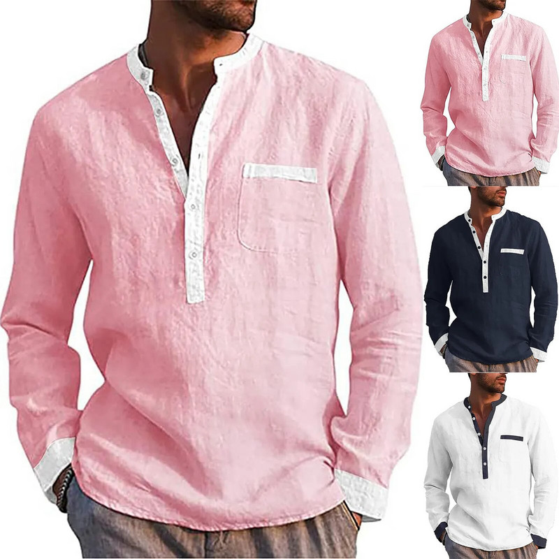 Félgombos Henley-ing Férfi Alkalmi Egyszerű, Kényelmes Egyszínű galléros ing felső európai amerikai stílusú vintage retro