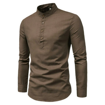 Мъжки ризи Ежедневни едноцветни стояща яка Риза с половин копче Henley Тънка риза с дълъг ръкав Slim Fit Европейски американски стил