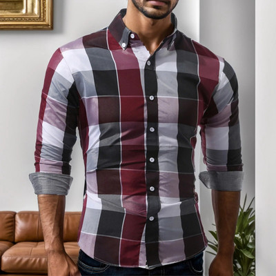 2023. gada pavasaris, rudens, jauna mode, nolaižama apkakle, kontrastējoša krāsa, rūtains krekls ar garām piedurknēm, vīrietis, biroja poga.