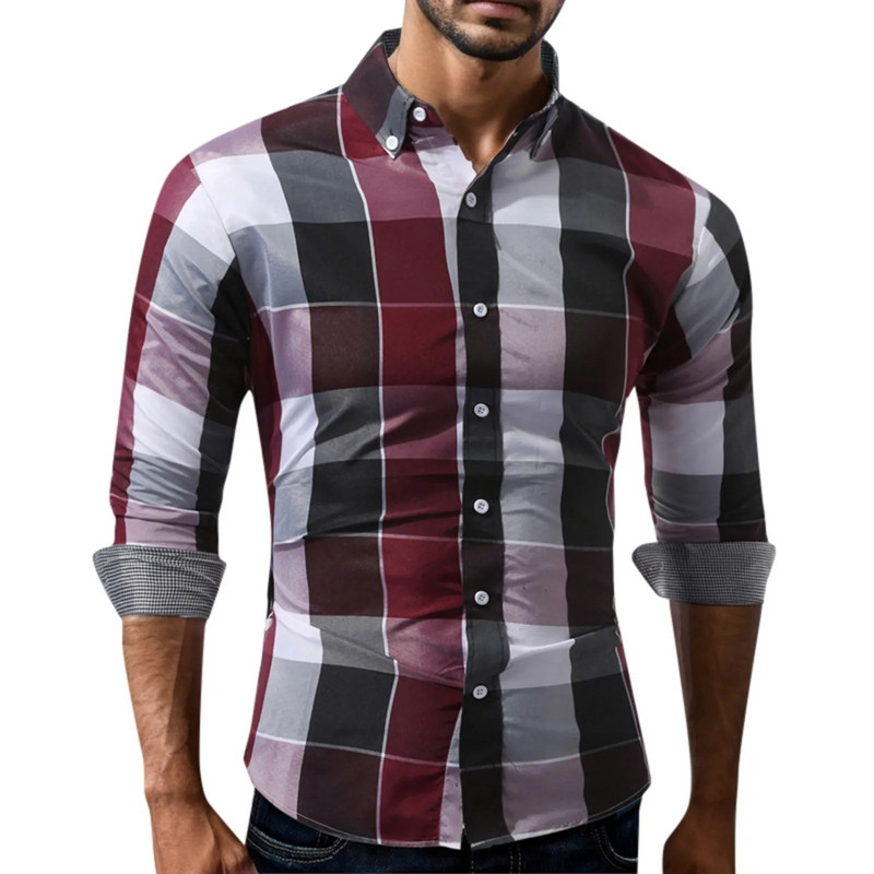 2023. gada pavasaris, rudens, jauna mode, nolaižama apkakle, kontrastējoša krāsa, rūtains krekls ar garām piedurknēm, vīrietis, biroja poga.