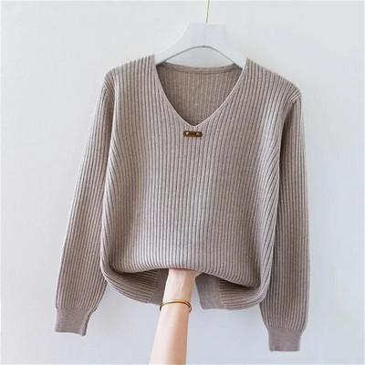 2023 Νέο φθινοπωρινό γυναικείο πουλόβερ με λαιμόκοψη πλεκτά Πλεκτά πουλόβερ Μασίφ Κορεάτικα Basic casual πουλόβερ πουλόβερ με κάτω μέρος