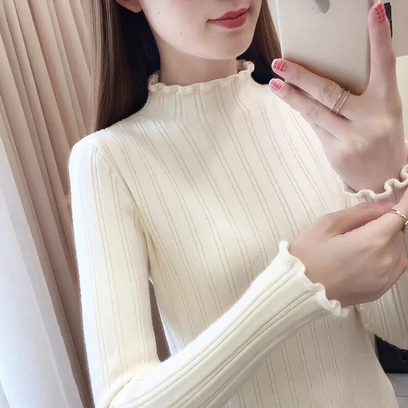 Jauns bruņurupuču kašmira džemperis Sieviešu ikdienas paragrāfs Ziedu apkakle ar garām piedurknēm Džemperis Vienkrāsains džemperis džemperis