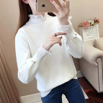 2022. gada jauns rudens ziemas sieviešu džemperis ar apkakli Puloveri Džemperi ar garām piedurknēm, tievi, lielizmēra korejiešu trikotāžas topi, sieviešu vilki