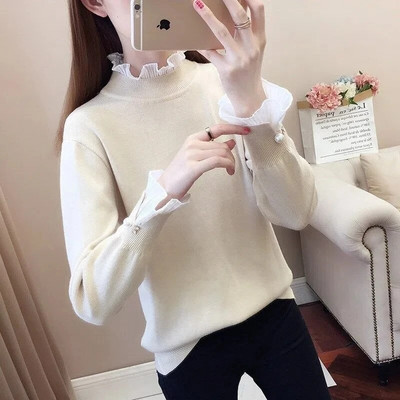 2022. gada jauns rudens ziemas sieviešu džemperis ar apkakli Puloveri Džemperi ar garām piedurknēm, tievi, lielizmēra korejiešu trikotāžas topi, sieviešu vilki