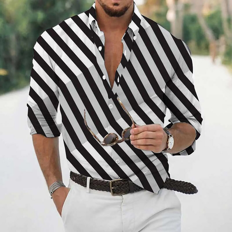 Vīriešu krekli ar garām piedurknēm melns balts 3d print svītrains krekls vīriešiem ikdienas ikdienas topi Ielu apģērbi Apģērbi Harajuku vīriešu blūze