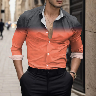 Vintage gradients krekls ar garām piedurknēm Vīriešu vasaras ikdienas topi Masīvi stāvoša apkakle Enerģiski oranži krekli Vīriešu apģērbi Ielu apģērbi