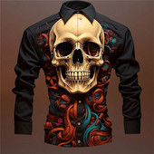 2024. gada galvaskausa grafikas krekls ar garām piedurknēm vīrietim 3D izdrukas Ikdienišķa pogas Ielu krekli Svētku Vīriešu Krekli Topi Vīriešu Apģērbs Vasaras