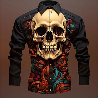 2024. gada galvaskausa grafikas krekls ar garām piedurknēm vīrietim 3D izdrukas Ikdienišķa pogas Ielu krekli Svētku Vīriešu Krekli Topi Vīriešu Apģērbs Vasaras