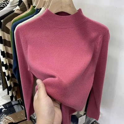 Pamata džemperi ar apkakli sievietēm Cimdi Melni Slim Pulovers Trikotāžas krekls ar garām piedurknēm augšējais džemperis Mīksts Silts