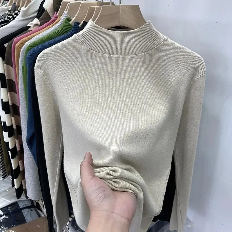 Pamata džemperi ar apkakli sievietēm Cimdi Melni Slim Pulovers Trikotāžas krekls ar garām piedurknēm augšējais džemperis Mīksts Silts